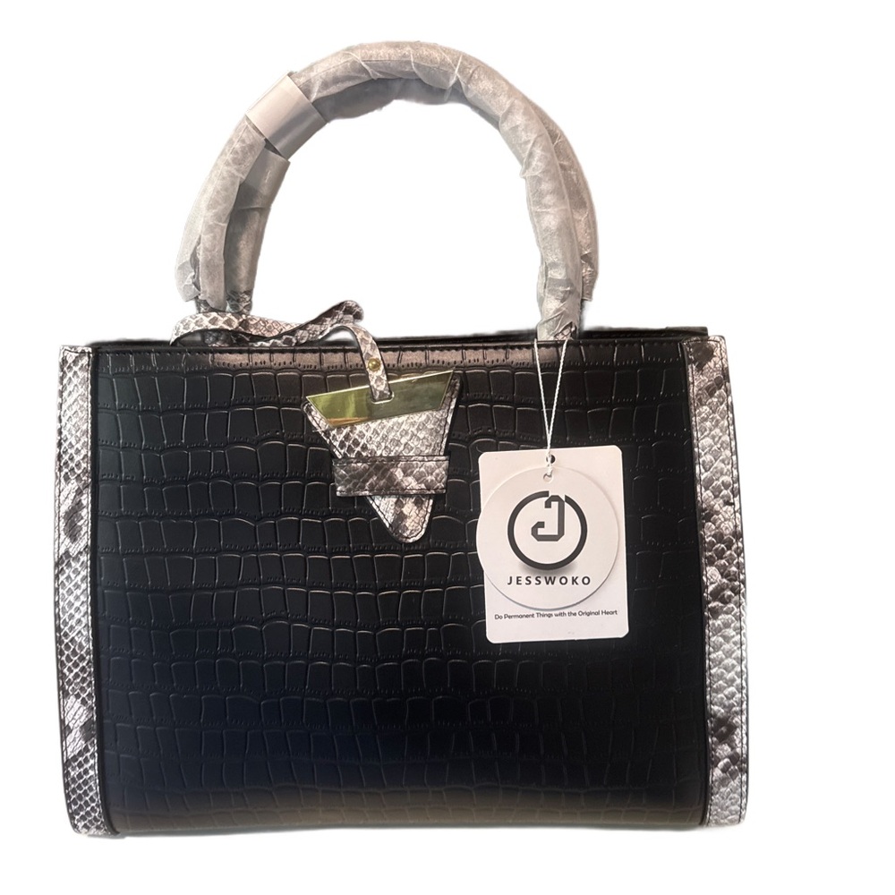 Black and Silver Snake Skin Print Vegan Leather Croc-Embossed Satchel